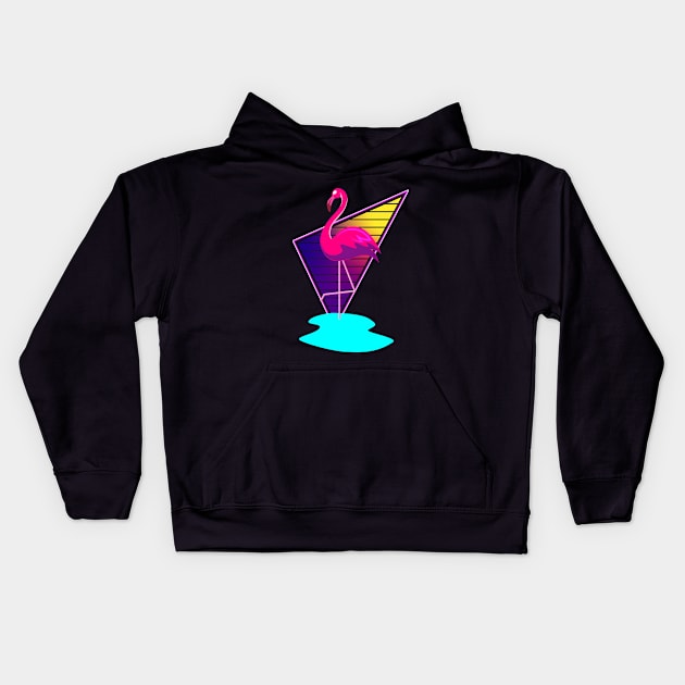80s Synthwave Inspired Pink Flamingo Triangle Design Kids Hoodie by Brobocop